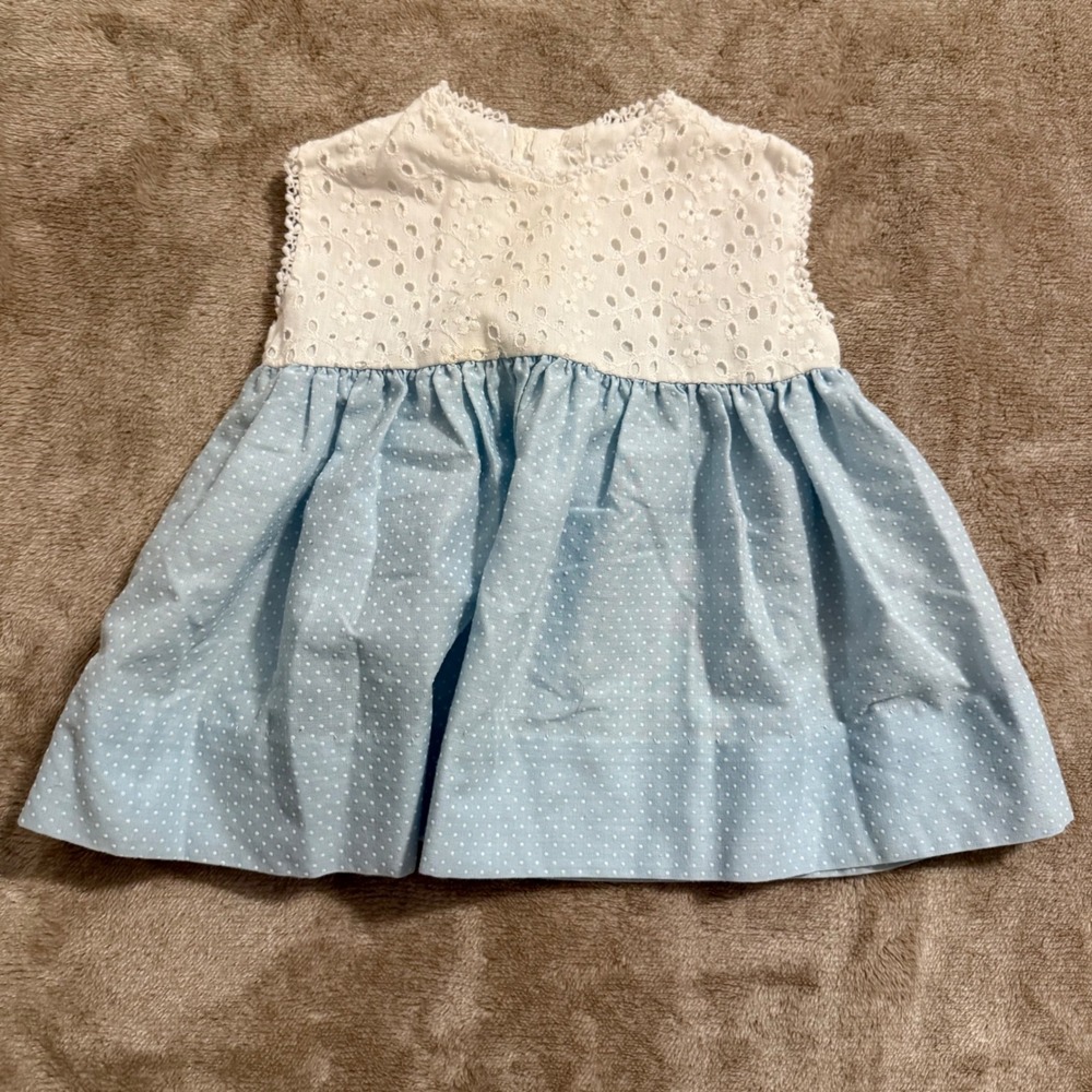 Peaches 'n Cream Baby Girls Blue Polka Dot Eyelet Lace Dress Vintage Style 12M